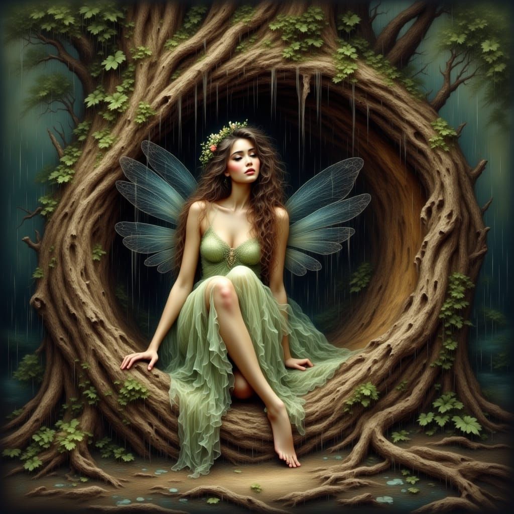 Fairy Shelters from Storm in Antique Watercolor Style