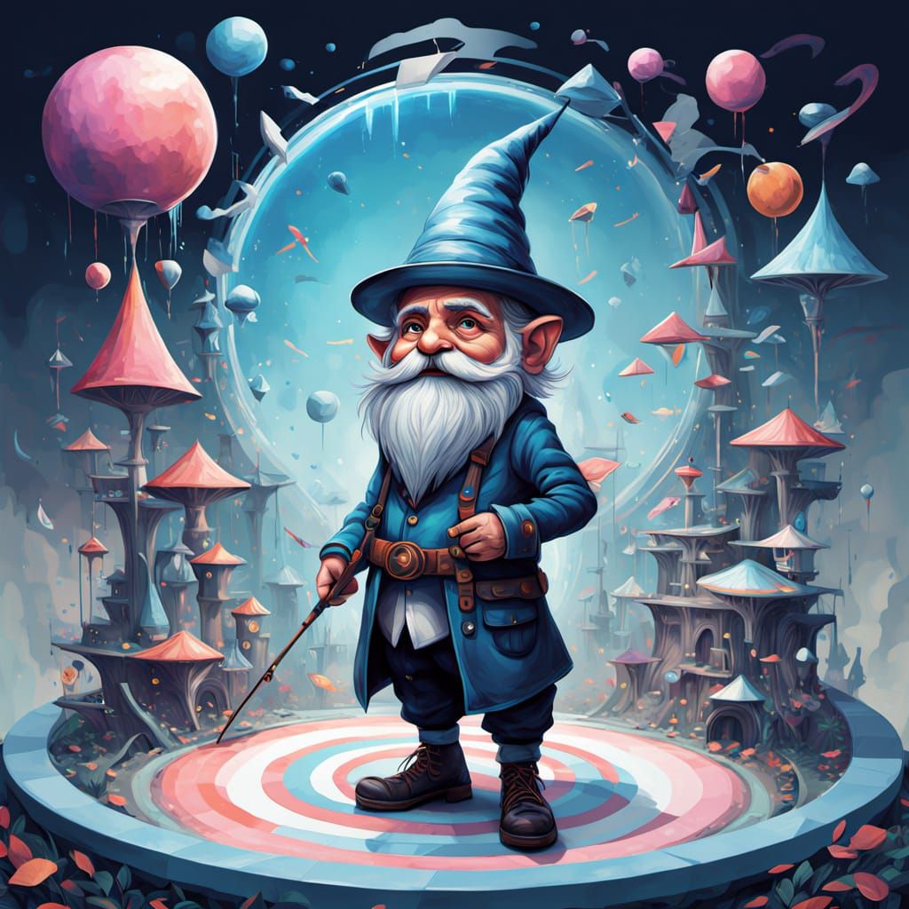 Gnome on Circular Platform in Chrono-Fantasmic Realism