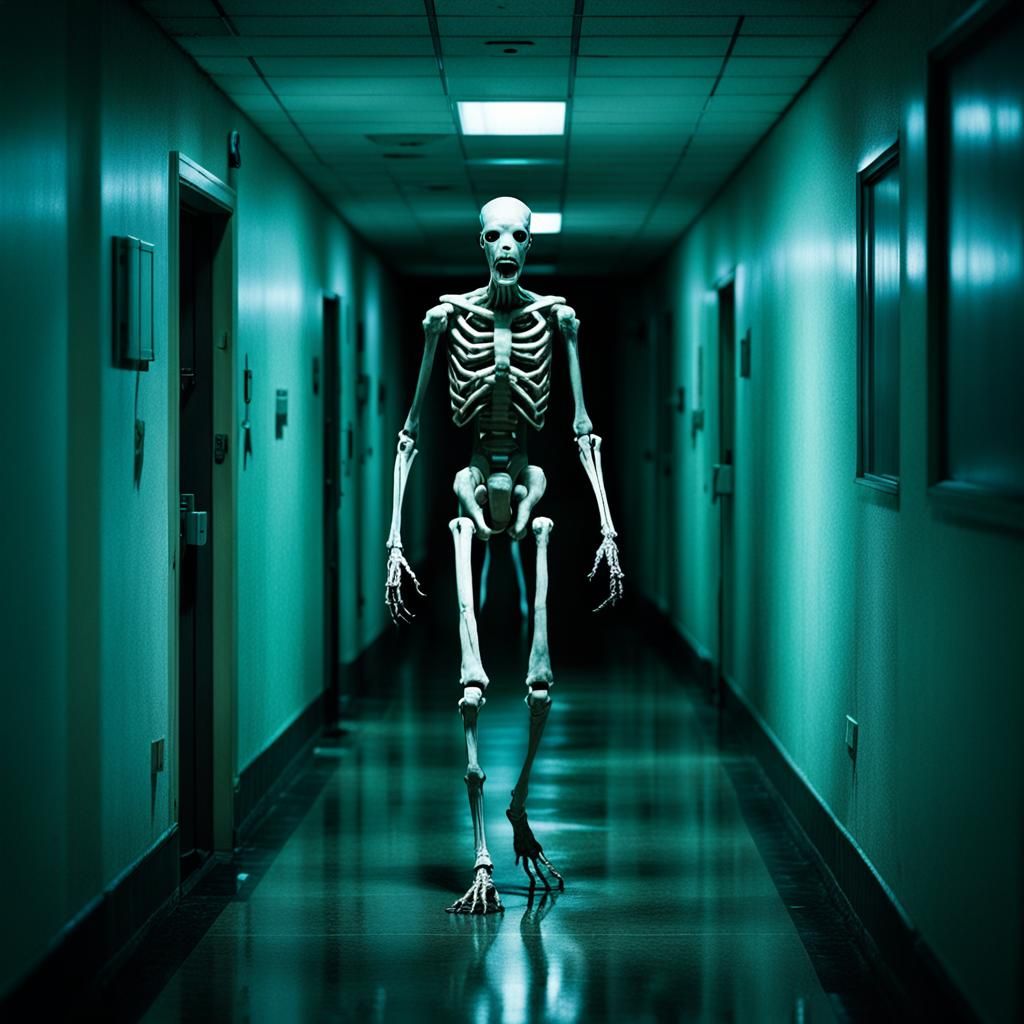 Surreal Pale Creature Walks Dark Hospital Hallway