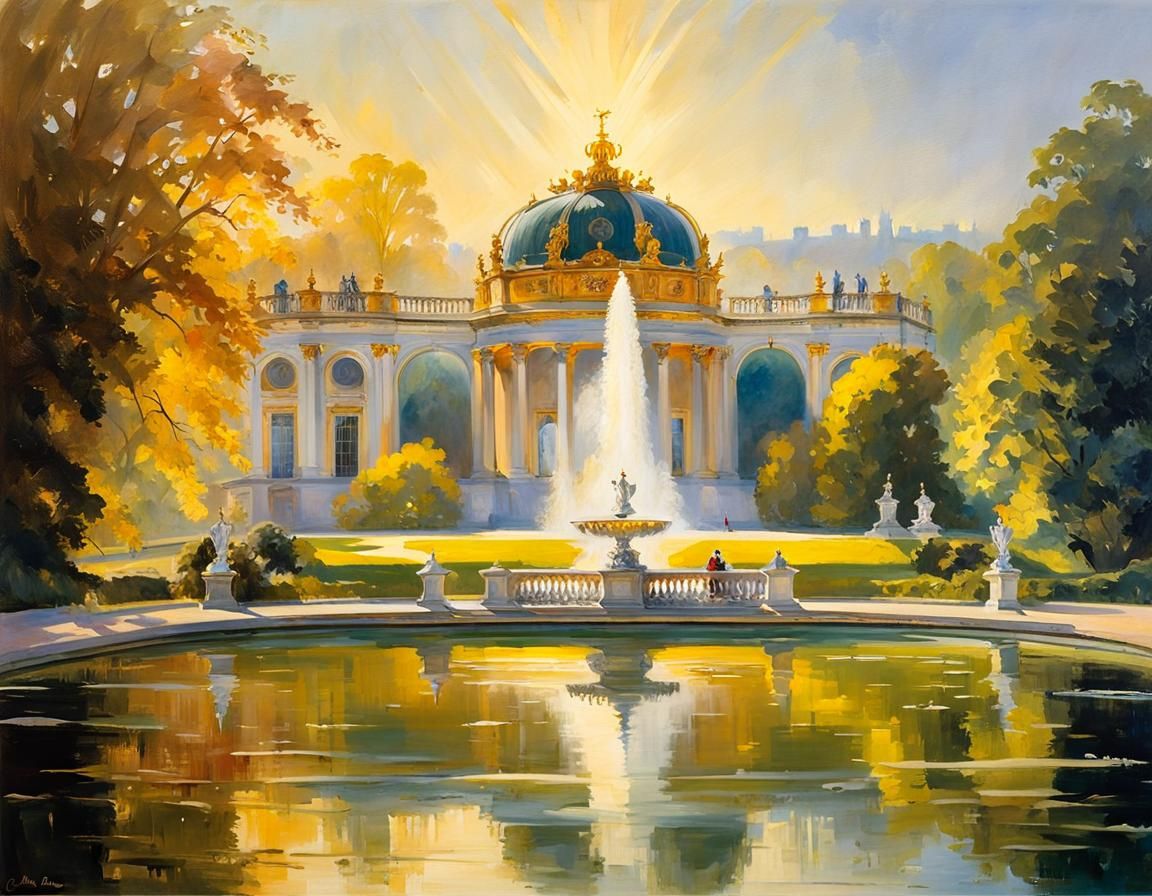 Gloriette at Schönbrunn: Golden Gouache Painting