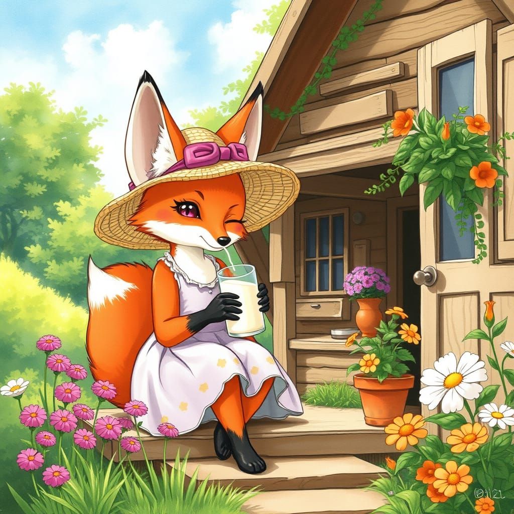 A Relaxed Fox is drinking milk at her summer home manga style