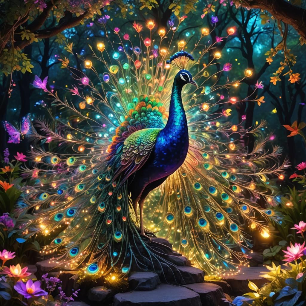 Neon Rainbow Peacock in Crystal Fantasy Garden