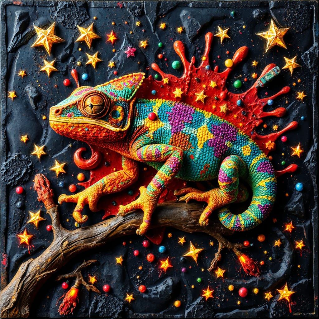Surreal Trompe L'oeil Mural Depicting Chameleon in Splattere...