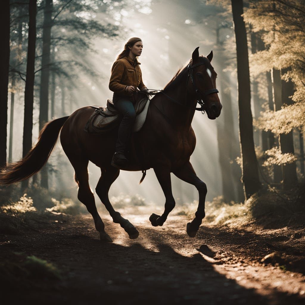 Girl Rider and Horse Gallop Through Swedish Forest
