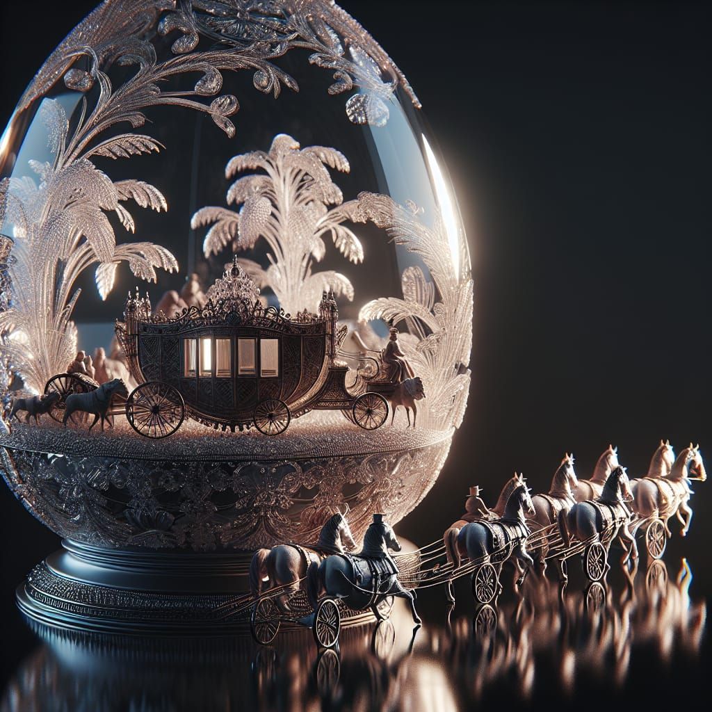 Ornate Crystal Egg with Miniature Horse-Drawn Wagons