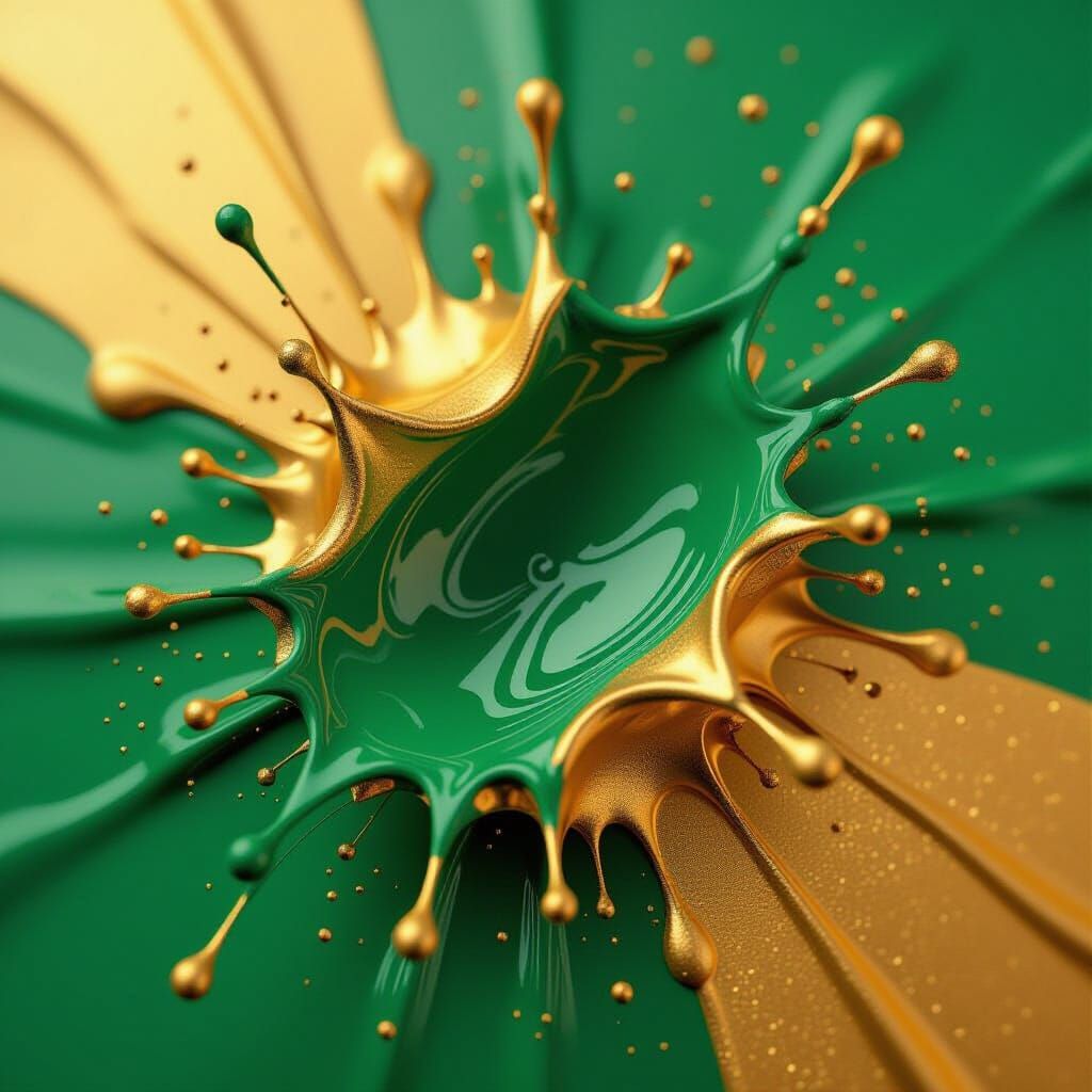 Green and Gold Paint Splashes in High-Speed Photo
