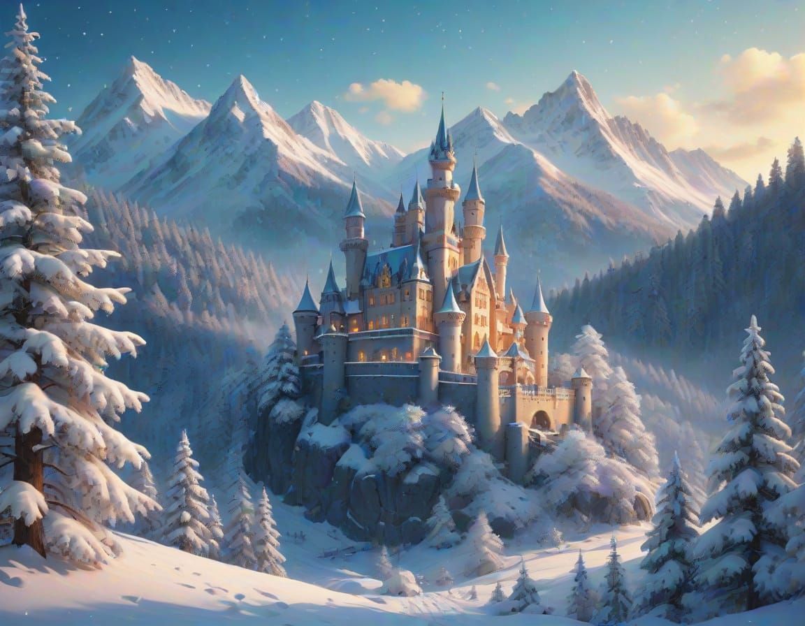 Whimsical Fantasy Castle in Snowy Winter Wonderland