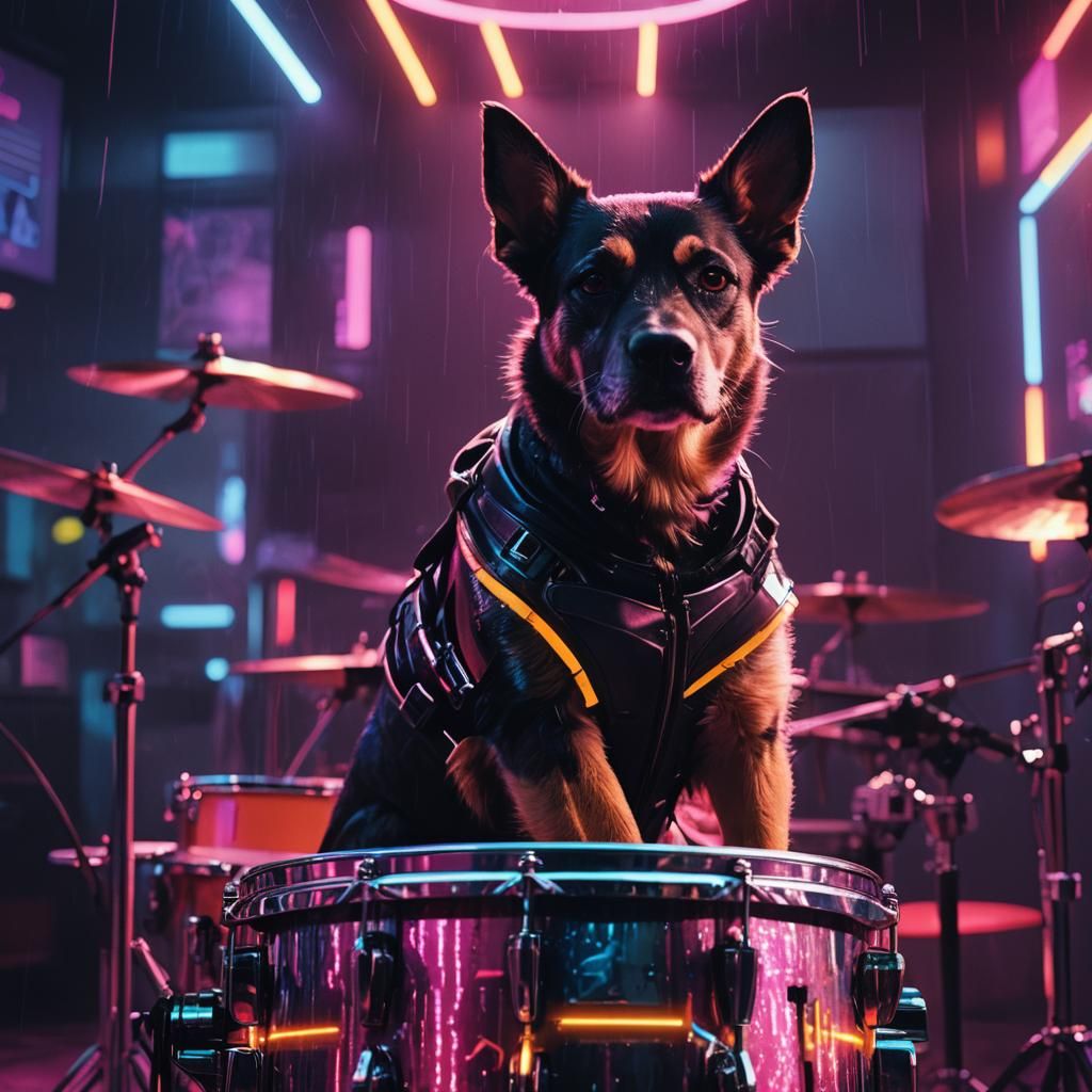 Cyberpunk Dog Drummer in Futuristic Cityscape