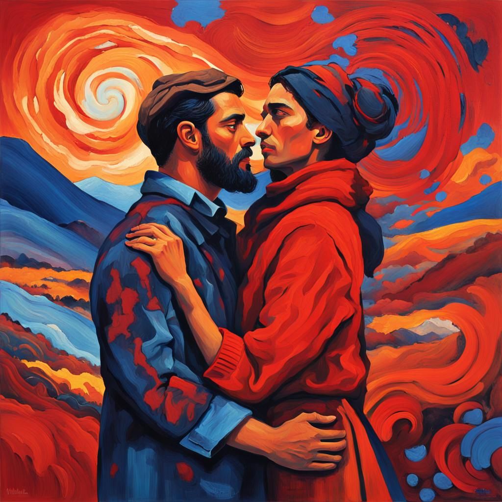 Expressionist Embrace in Red and Blue Hues