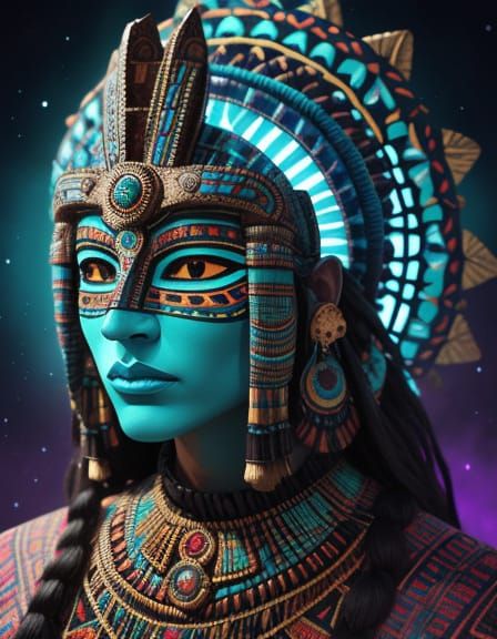 Glowing Turquoise Inca Mask in Tribal Cosmic Atmosphere