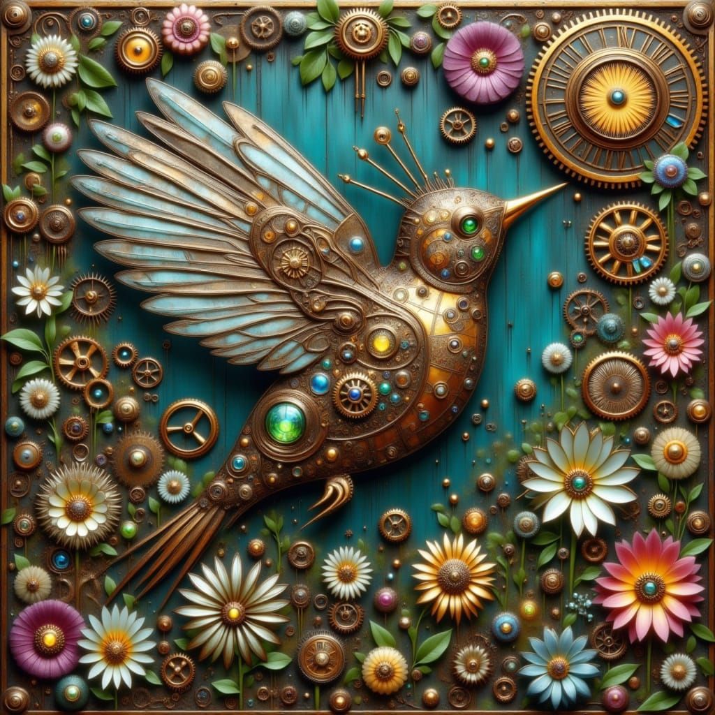 Steampunk Hummingbird in Clockwork Garden
