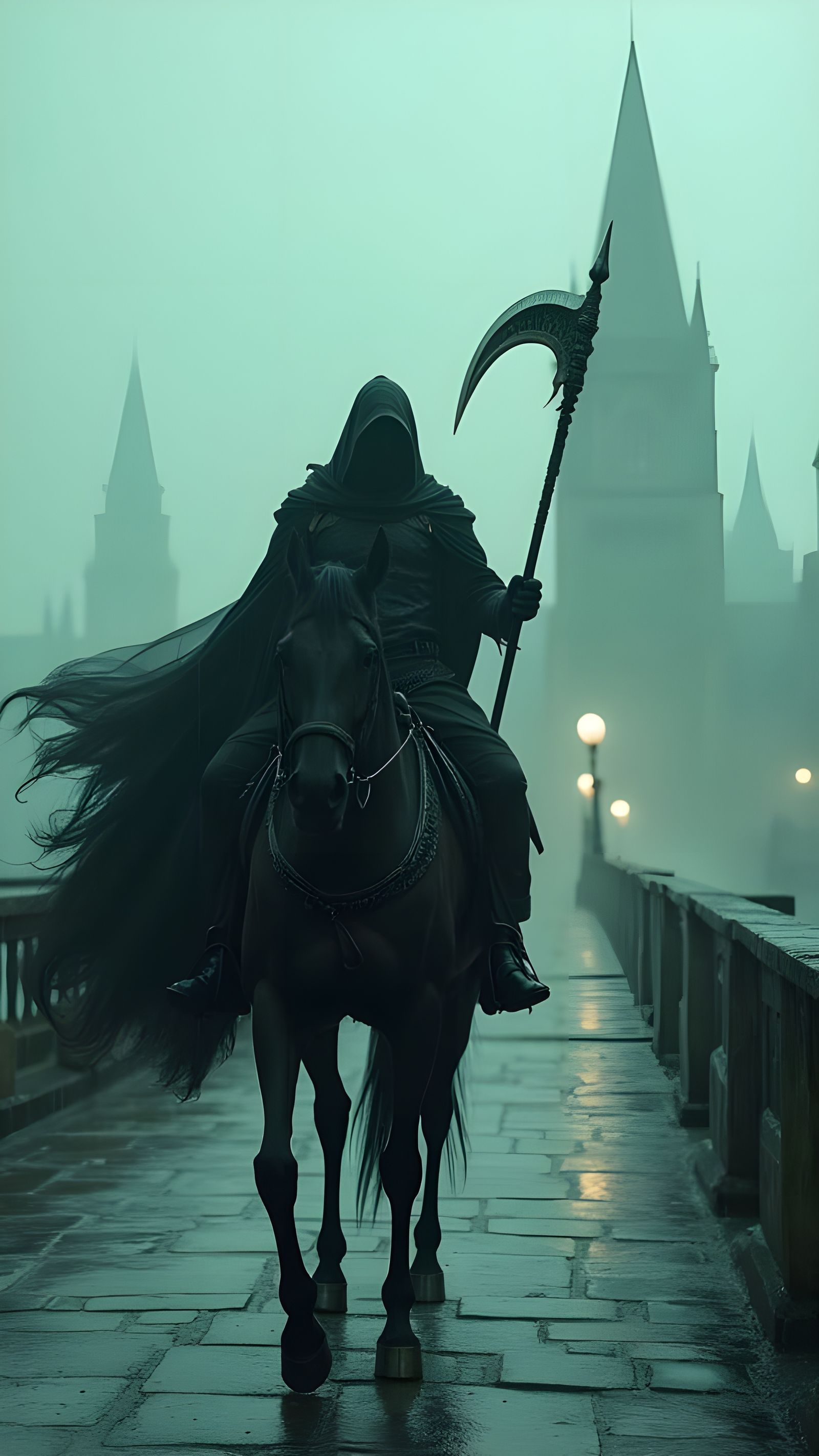 Dark Hooded Rider on Horse on Gothic Bridge