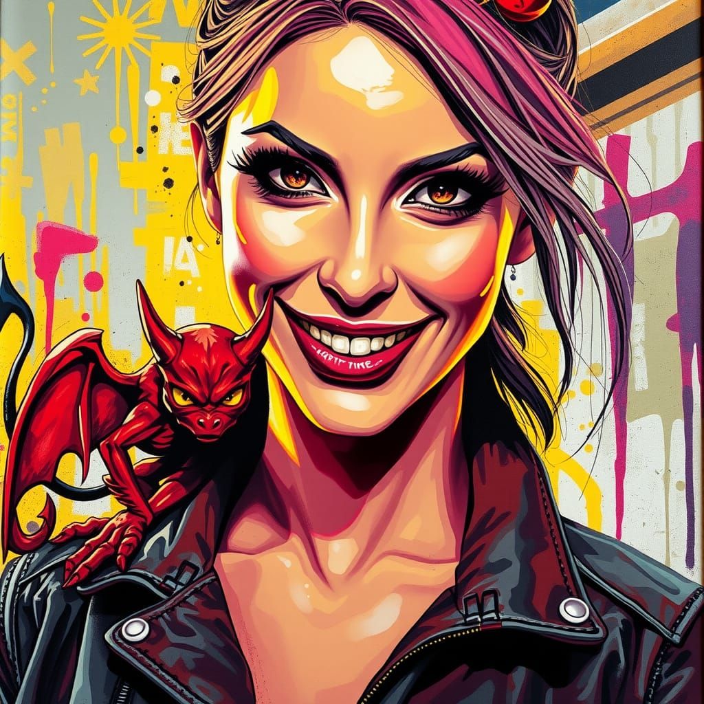 Vibrant Graffiti Portrait of Woman with Devil