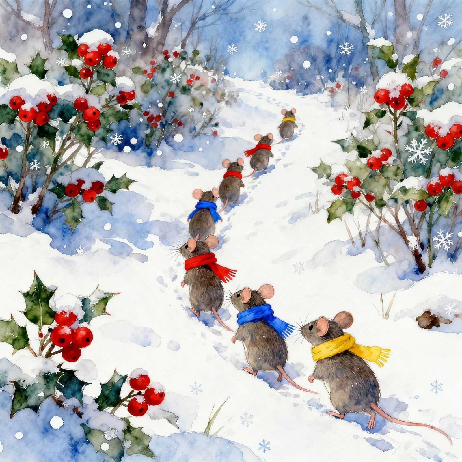 Mice in Scarves on Snowy Trail, Watercolor Art