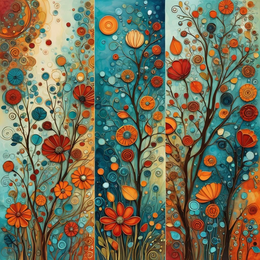 Dynamic Triptych in Impasto Ink Style