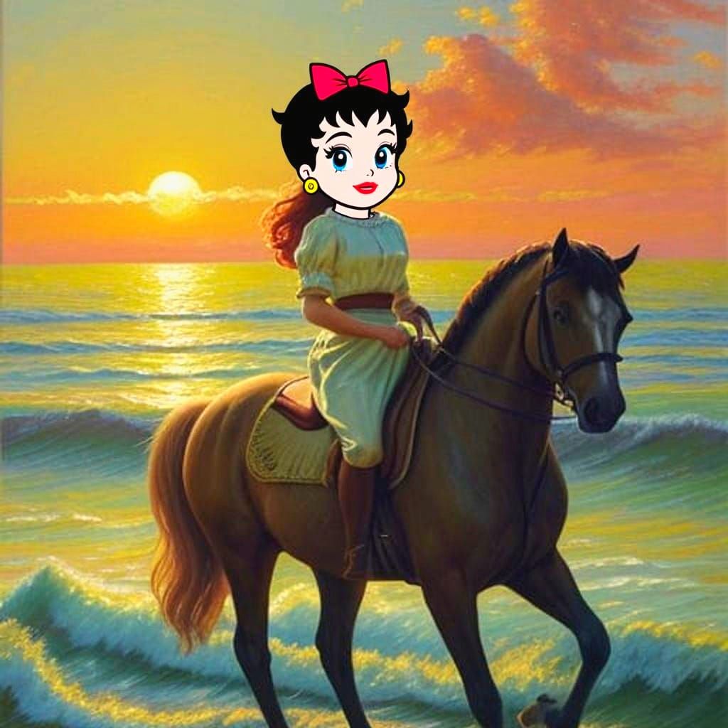 Vintage Woman Rides Horse on Beach at Sunset