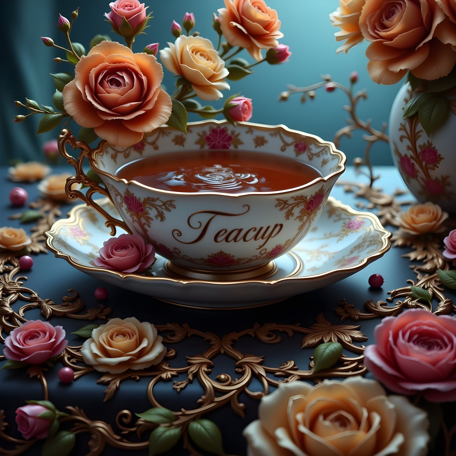Ornate Teacup Still Life with Lettering