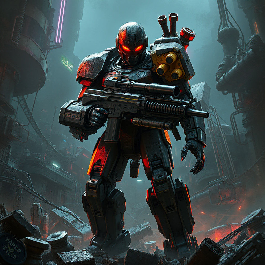 Heavily Armed Robot Warrior in Dystopian Landscape