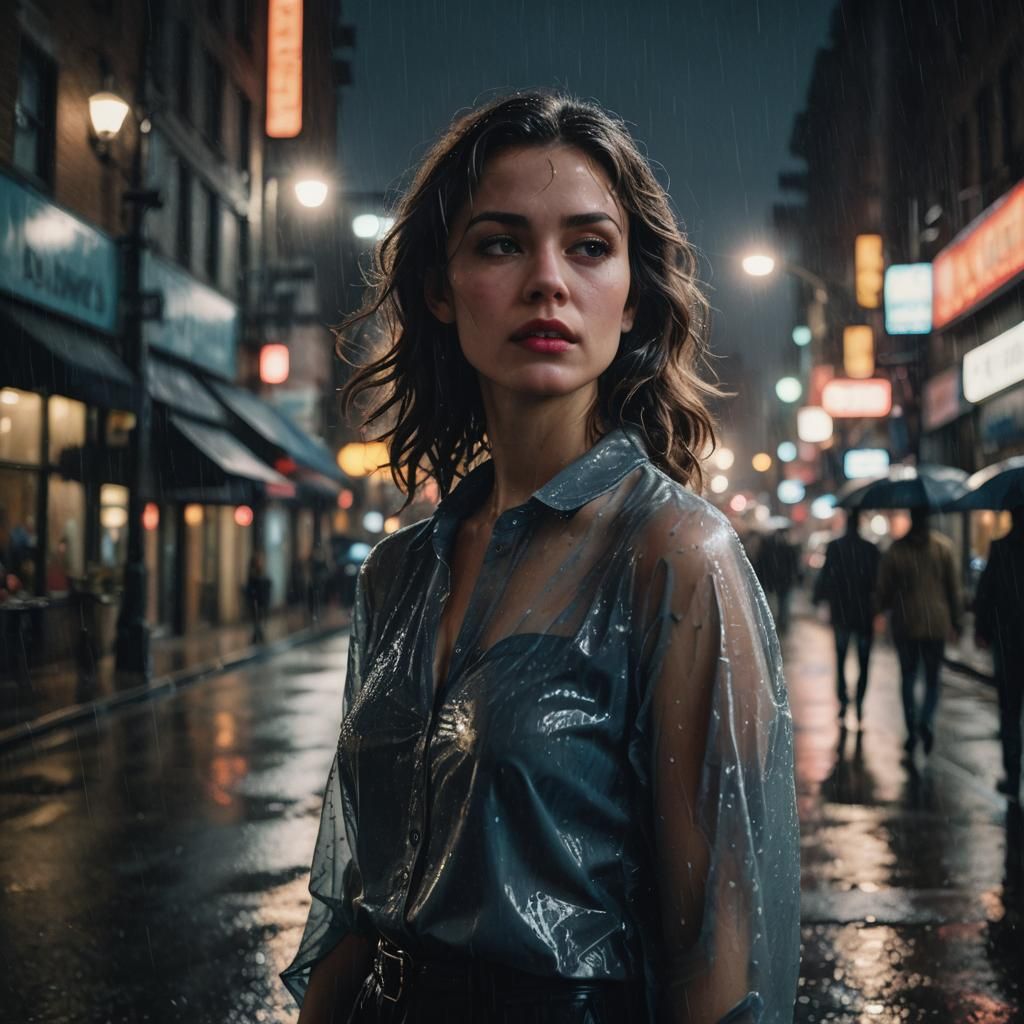 Film Noir Woman on Rainy City Street