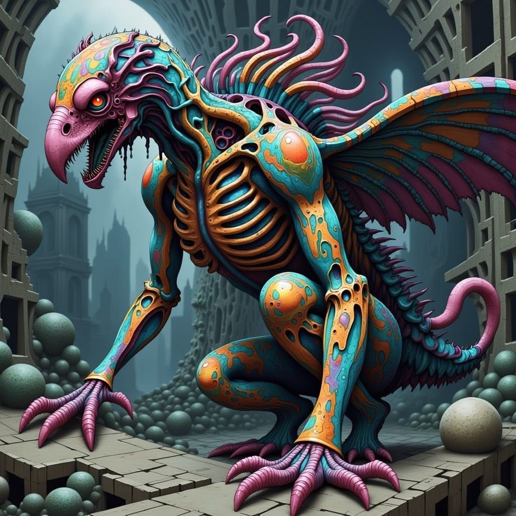 Avian Abomination in Ruined City, Akira Toriyama Style