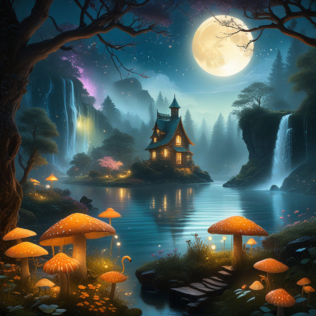 Whimsical Fairy Seated on Mushrooms, Surrounded by Fireflies...