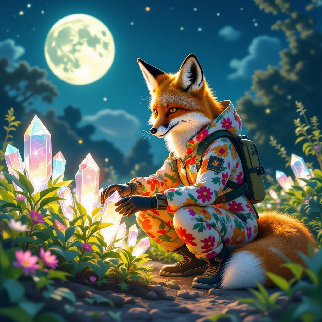 Fox in Solarpunk Outfit Tends Moon Garden