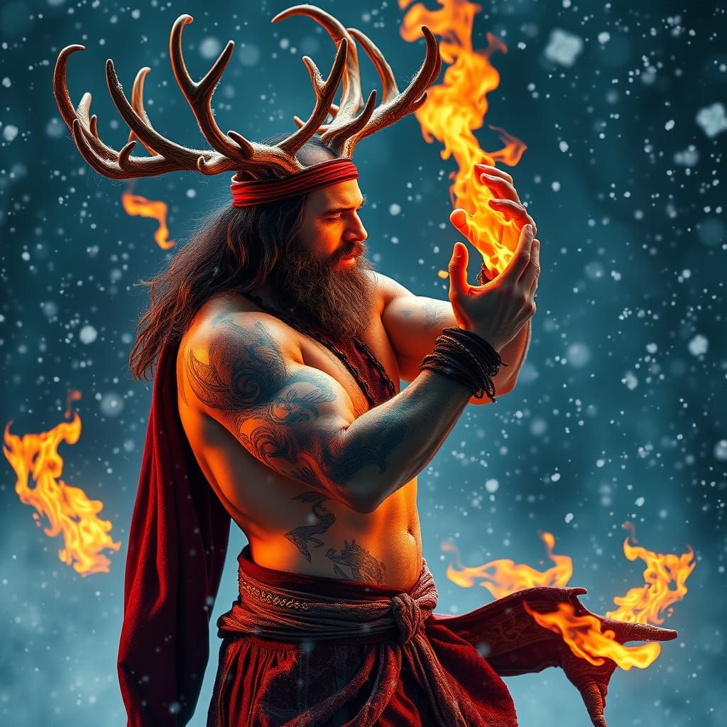 Pagan Priest's Fire Dance in Art Nouveau Style