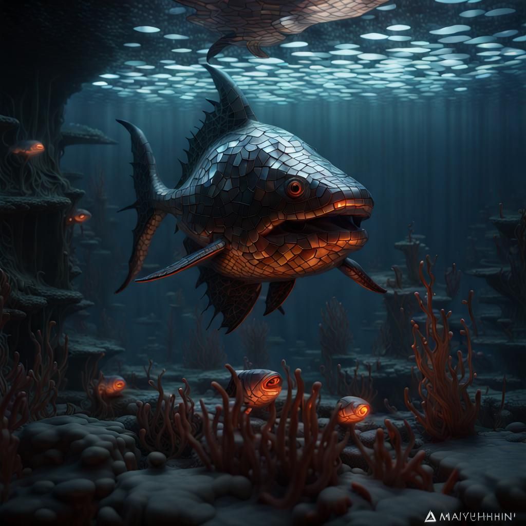 Glowing Underwater Mosaic in Detailed Digital Art