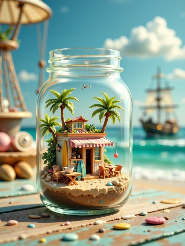 Miniature Surf Cafe in a Jar, Rustic Pastel Art