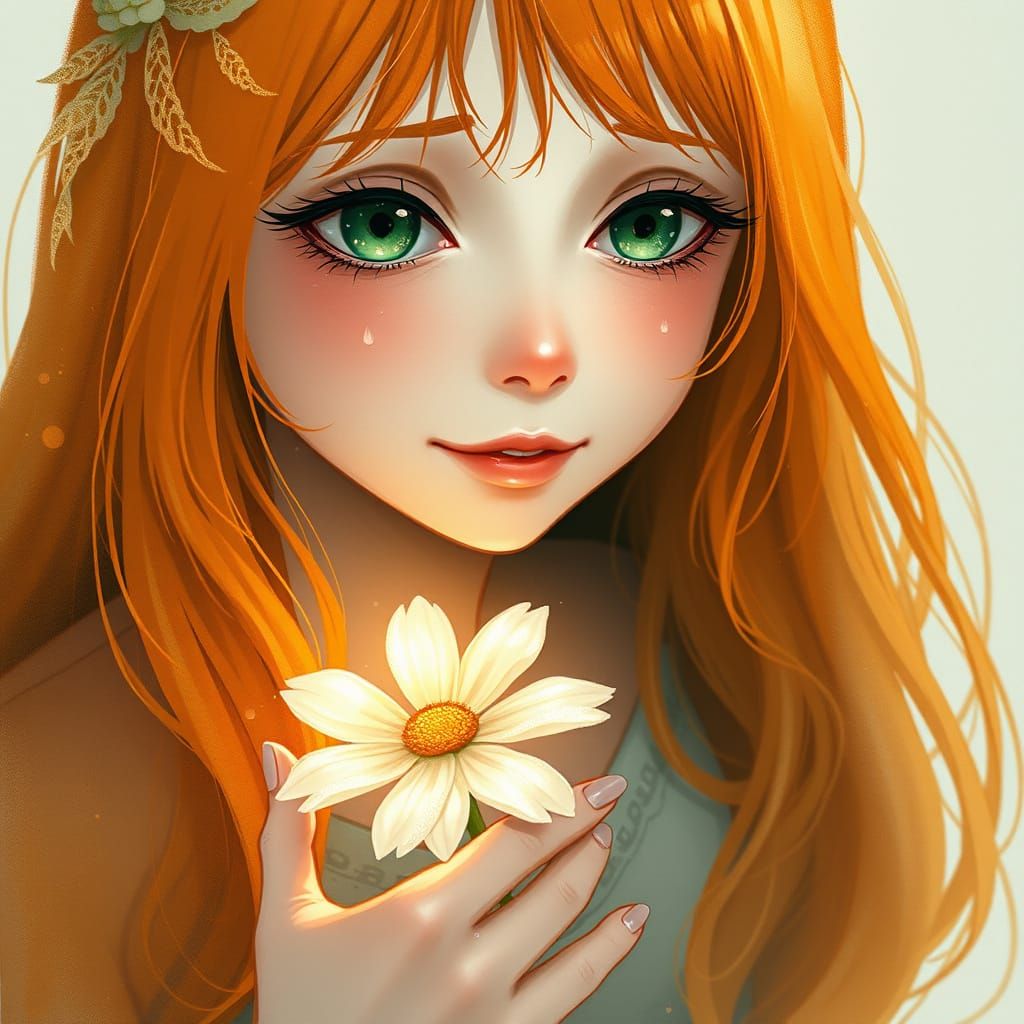Ethereal Teenager with Orange Hair and Glowing Daisy