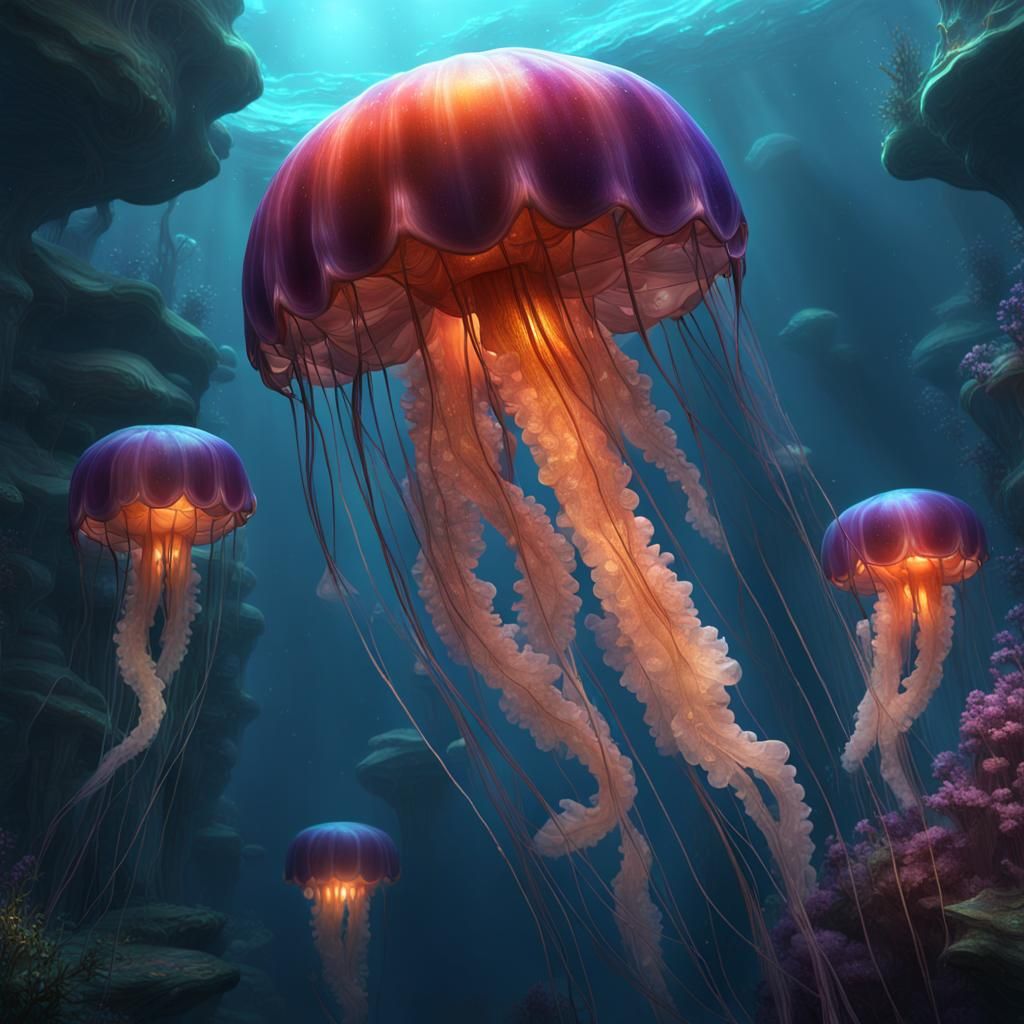 Fantastical Jellyfish in Deep Color, Detailed Art