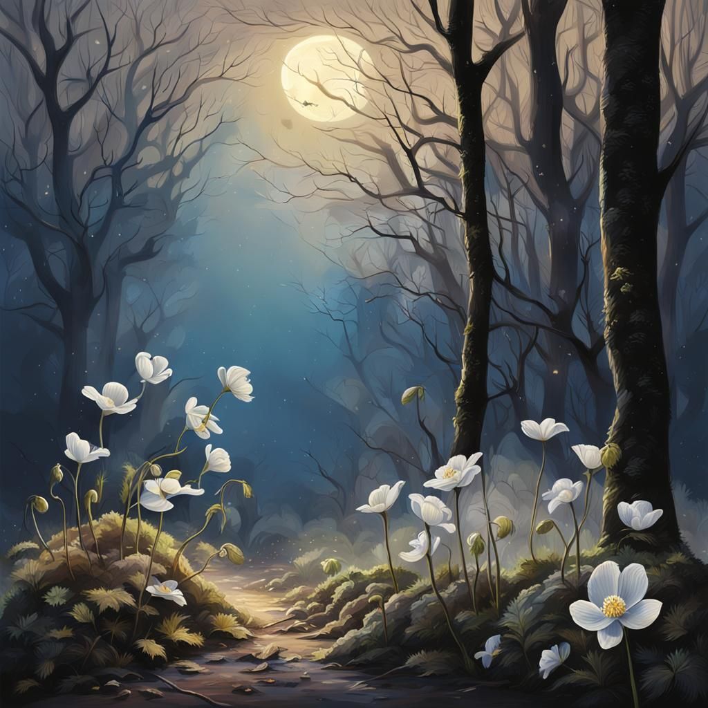 Moonlit Wood Anemones in Hyperrealistic Splash Art