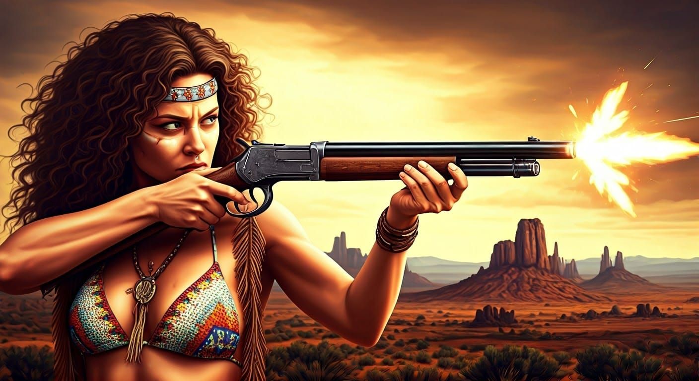 Hyperrealistic Wild West Warrior in Native-Inspired Bikini