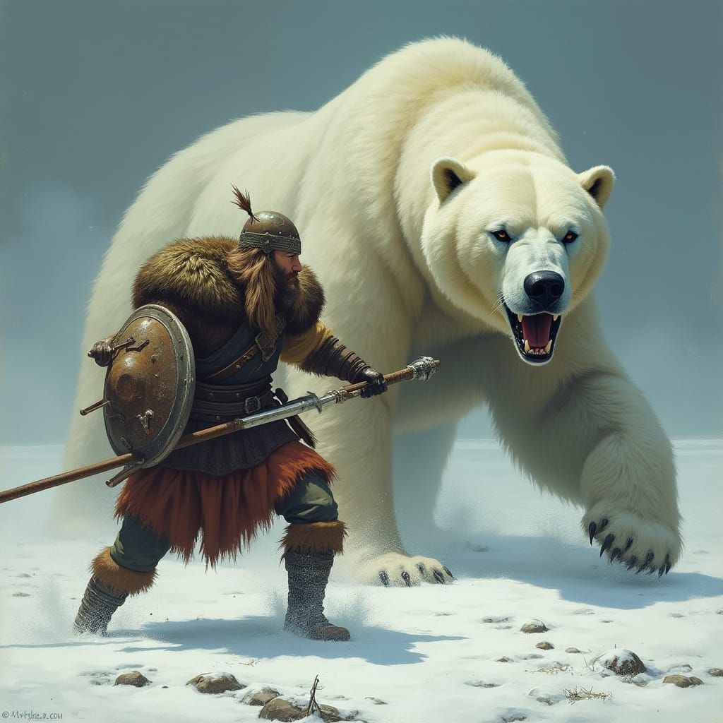 Viking Battle with Polar Bear in Stalenhag Style