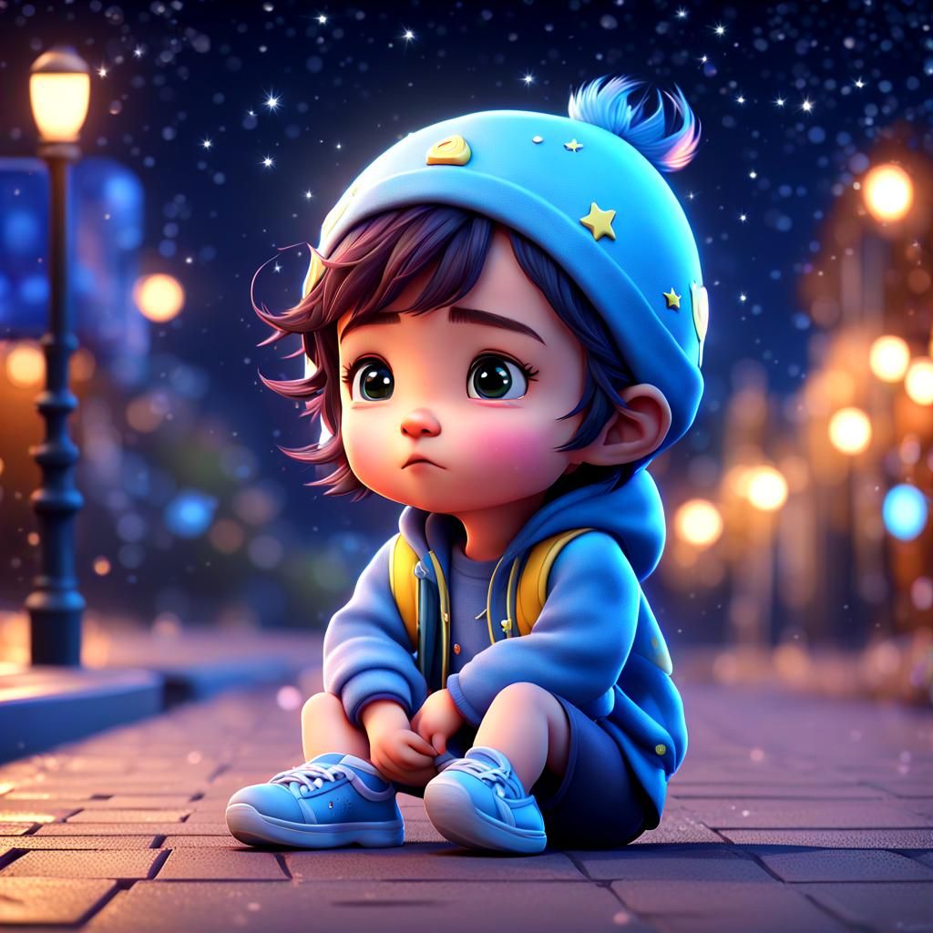 Chibi Watching Moon and Stars as 3D Digital Art