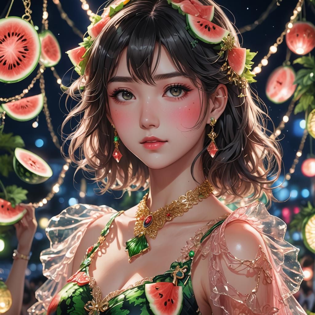 Anime Portrait: Woman in Watermelon Dress