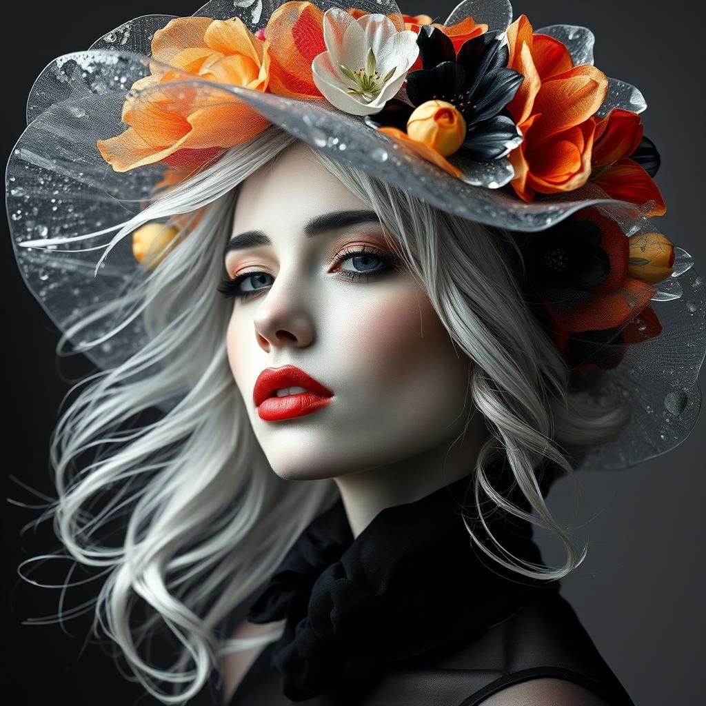 High Fashion Woman Portrait with Crystal Flower Hat