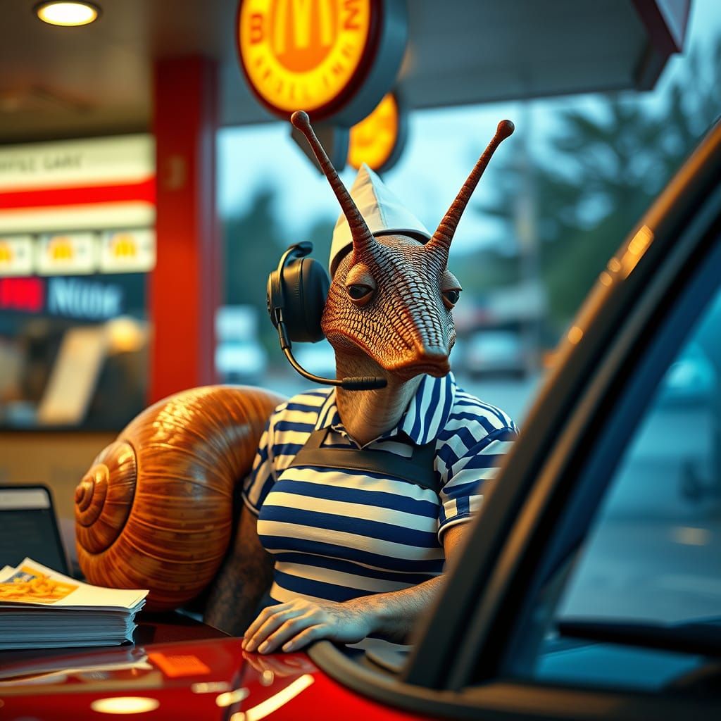 Snail Employee at Drive-In in 4K Photo Style