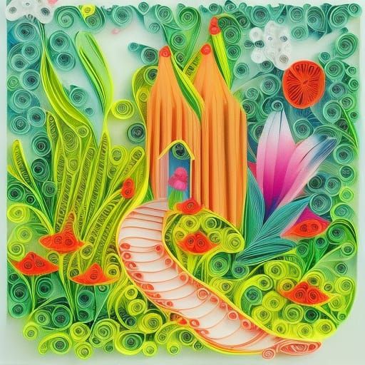 Paper Quilled Fairy Land Gouache Painting