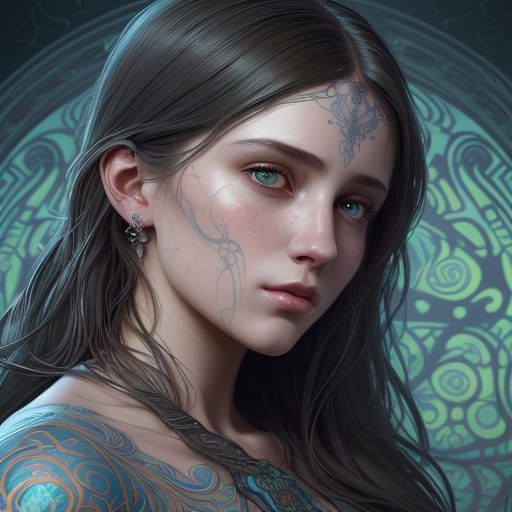 Ethereal Art Nouveau Portrait in Vibrant Triadic Colors