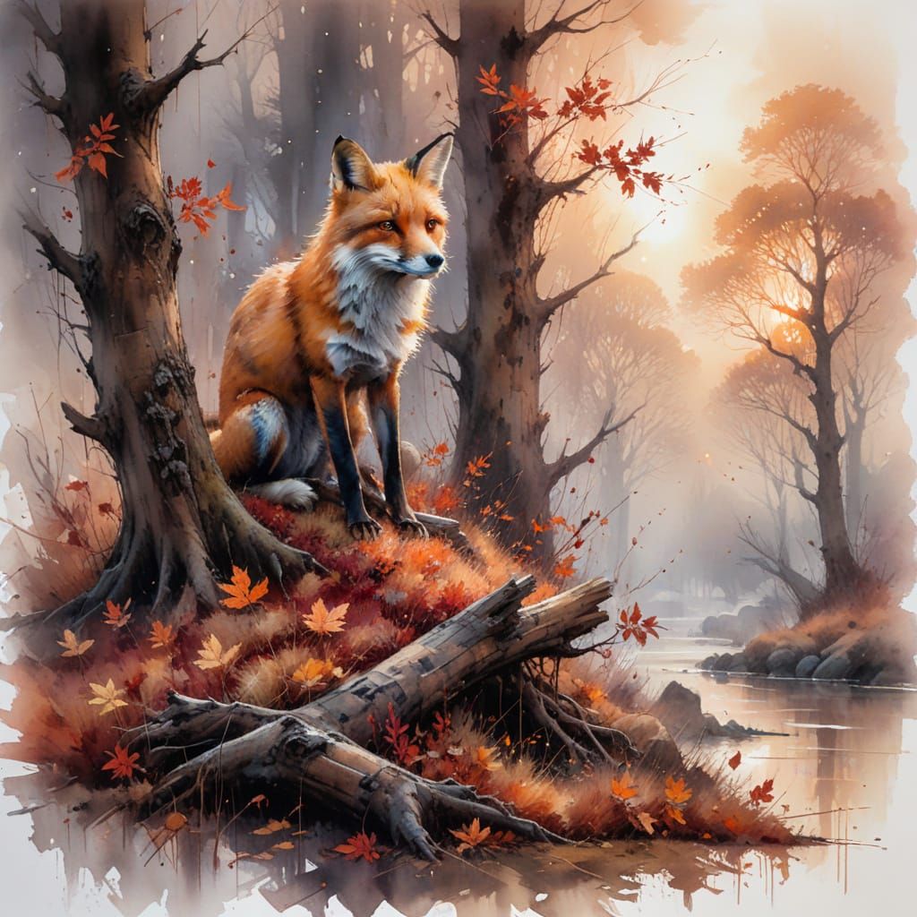 Red Fox in Misty Maple Grove, as Oil Painting
