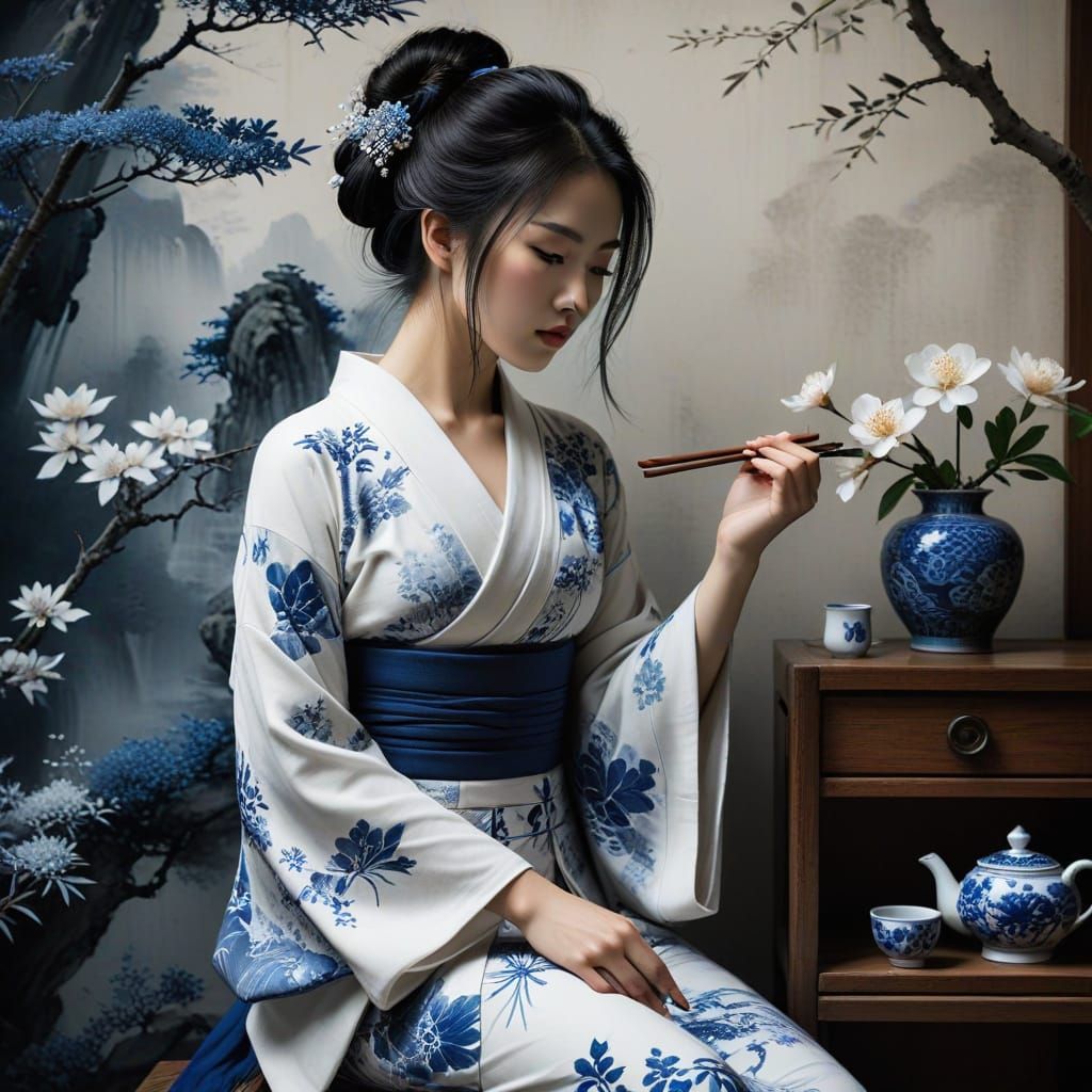 Geisha in Sumi-e Style Garden Scene