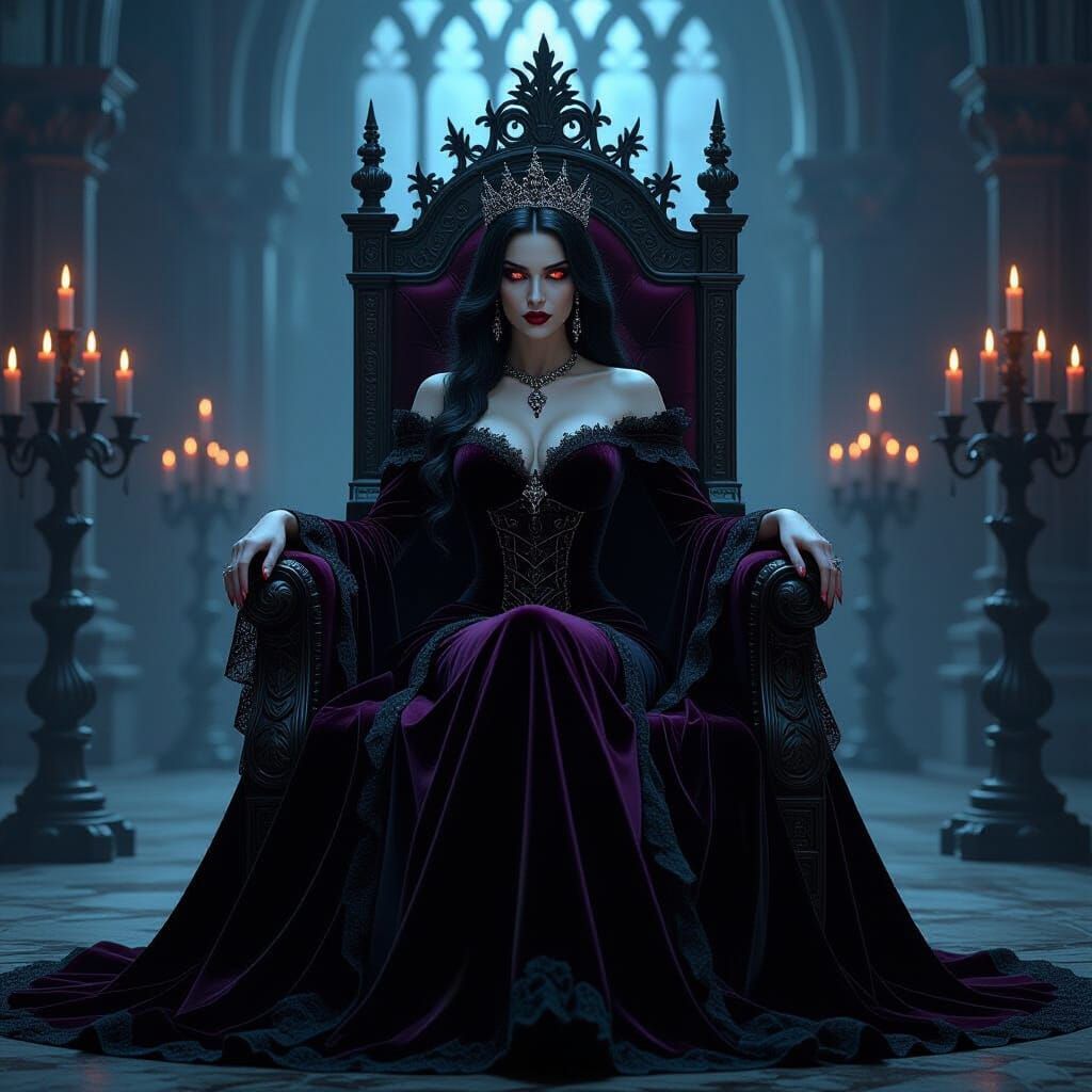Vampire Queen on Gothic Throne in Romantic Macabre Style