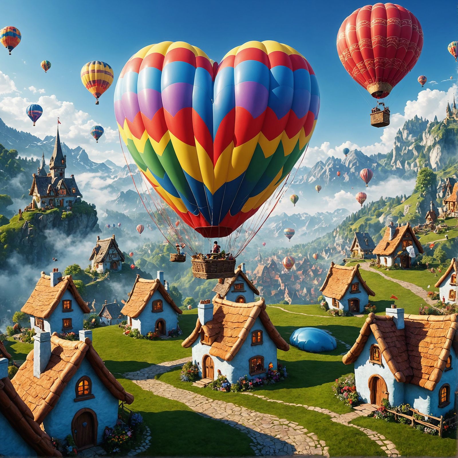 hotair balloon flying over fairy village