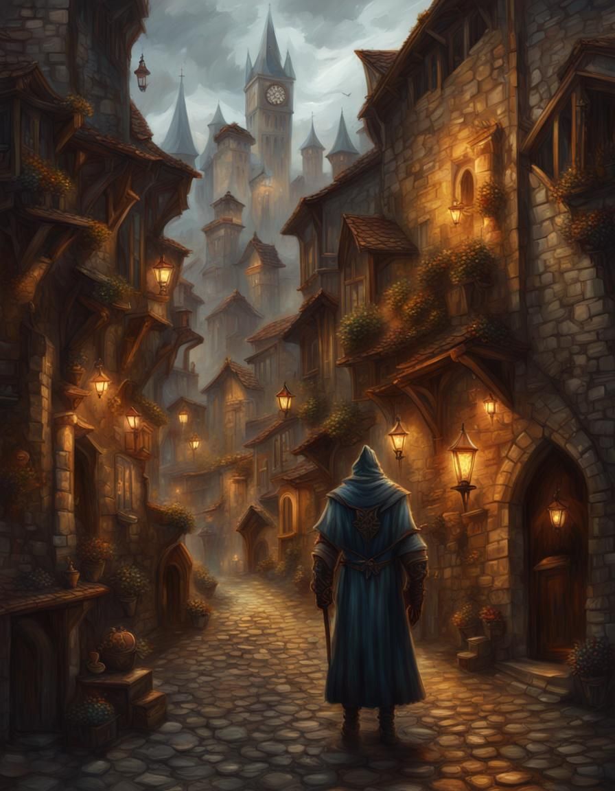 D&D Sorcerer in Medieval City as Oil Painting
