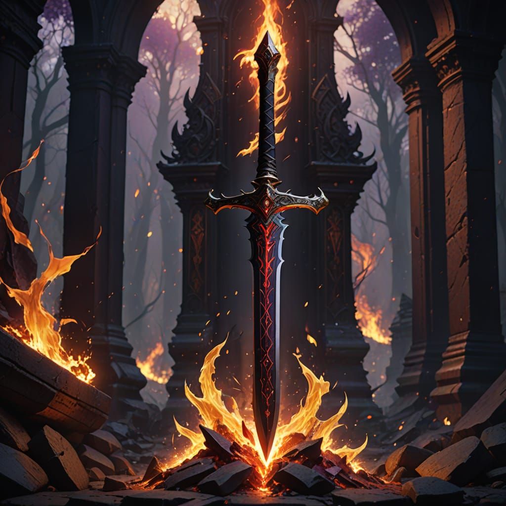 Cyberpunk-Style Dark Fantasy Sword in Fiery Glory