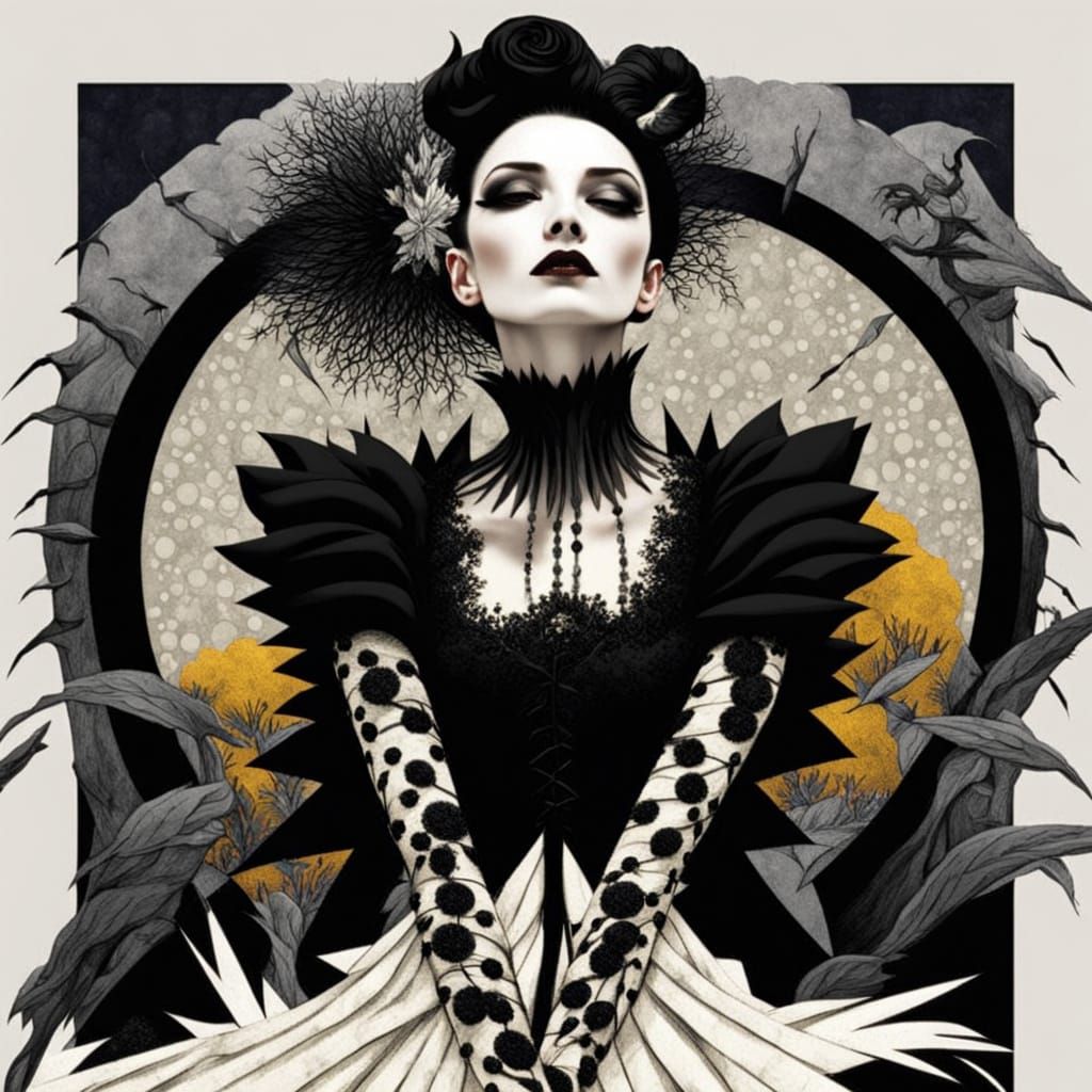 Surreal Polka Dot Figure in Eerie Garden