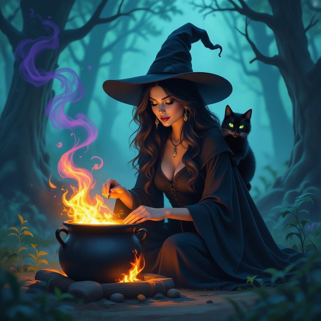 Mystical Witch and Black Cat in Moonlit Forest