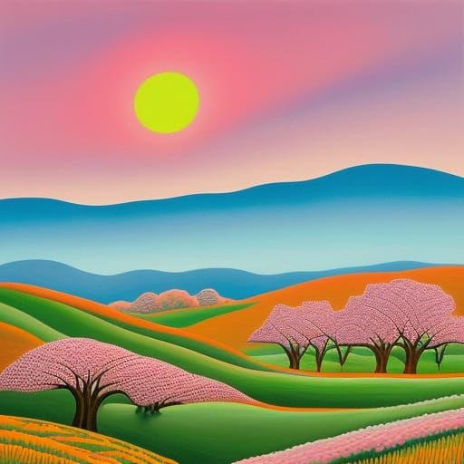Folk Art Landscape with Cherry Blossoms