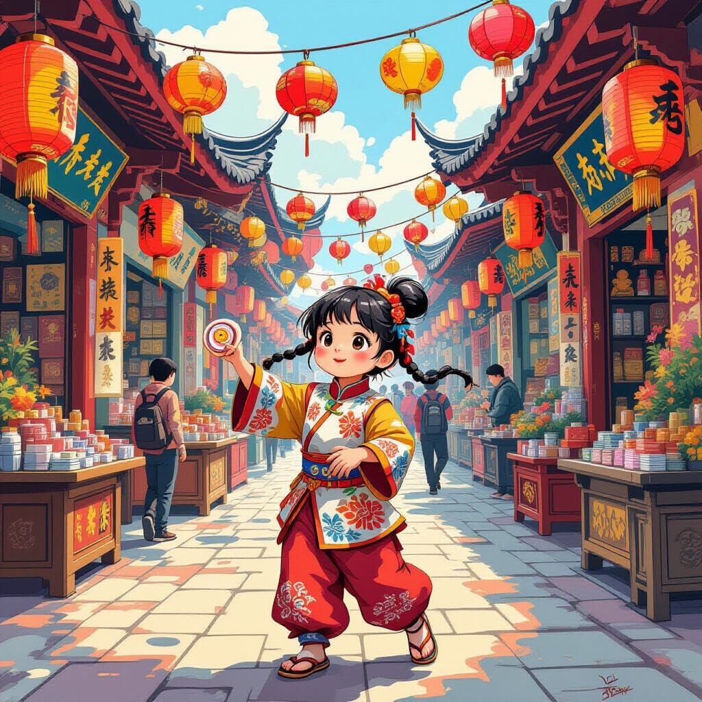 Child Plays Chinese Yo-Yo in Vibrant Marketplace